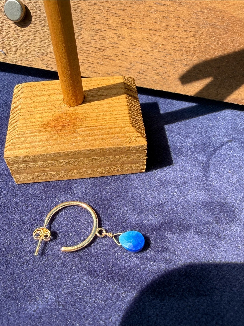 Gold Hoop Earring with Blue natural lapis Teardrop Charm